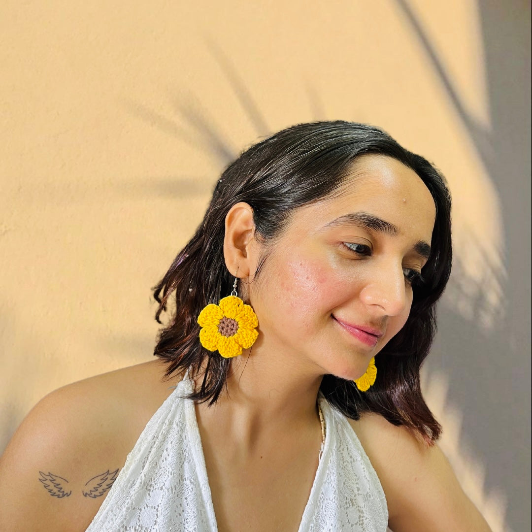 Yellow Sunflower Shape Handmade Crochet Earrings