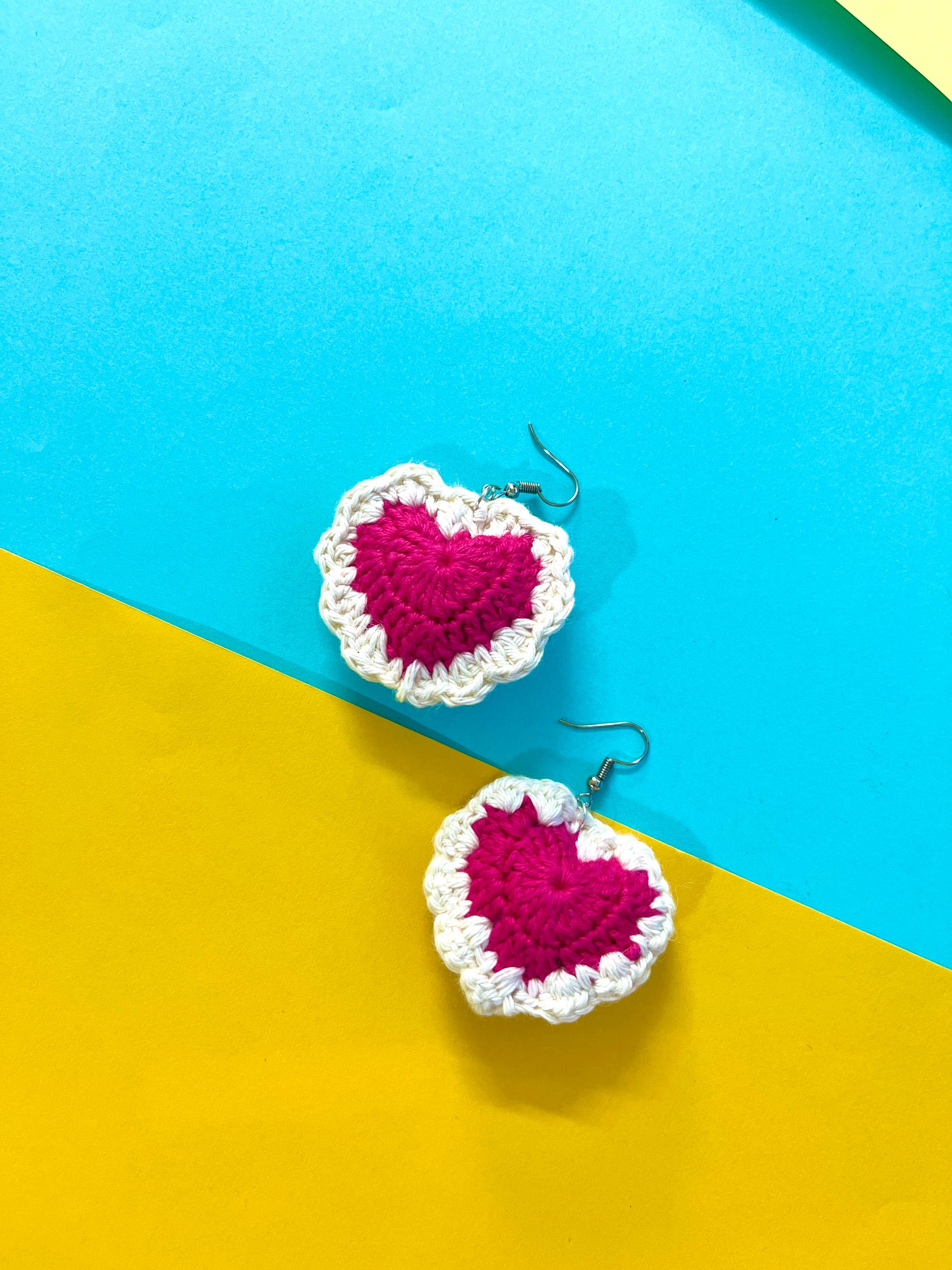 Pink and White Heart Shape Handmade Crochet Earrings