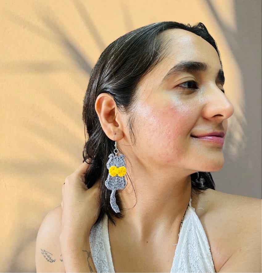 Grey and Yellow Cat Shape Handmade Crochet Earrings