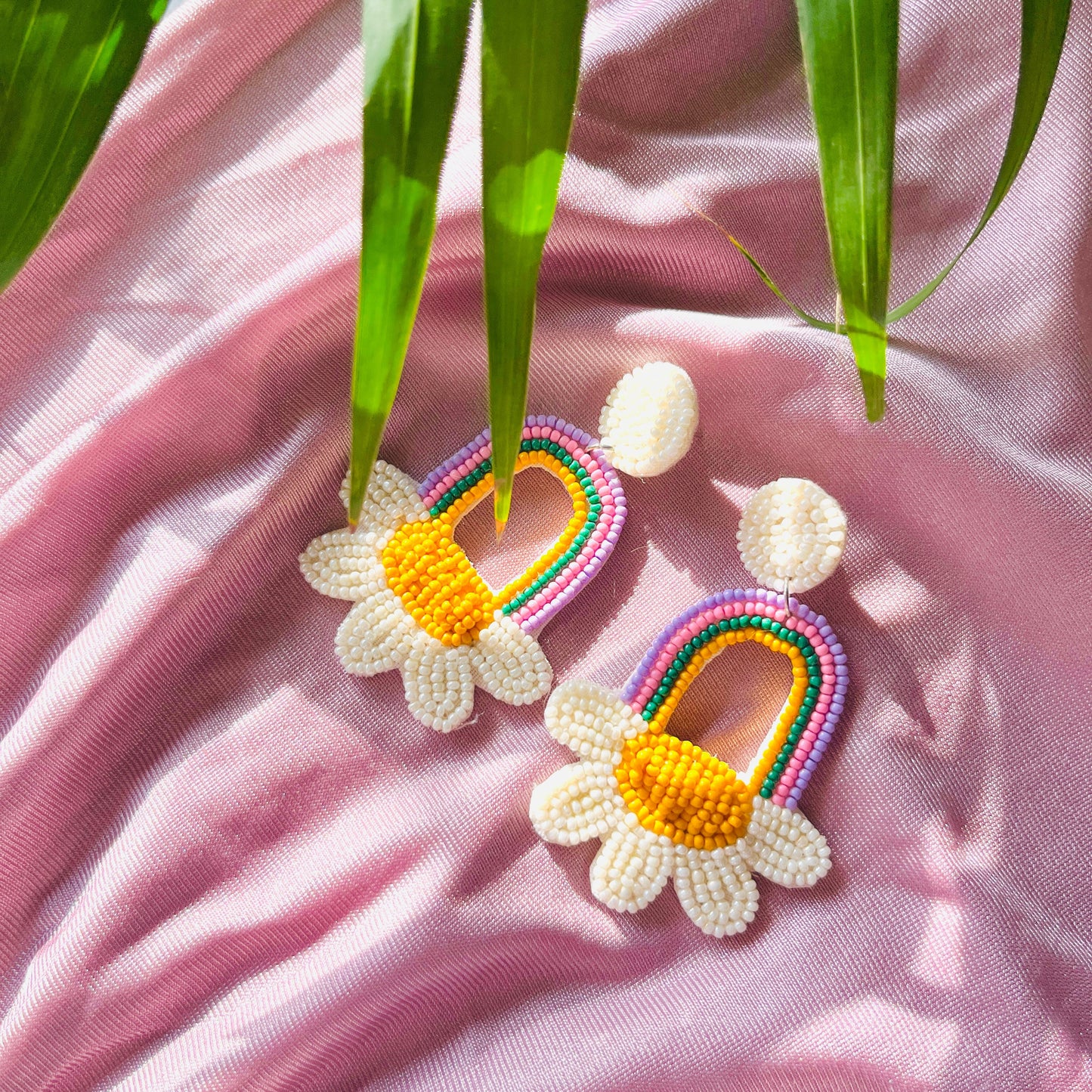 Cute Rainbow and Flower Shape Handmade Beaded Earring