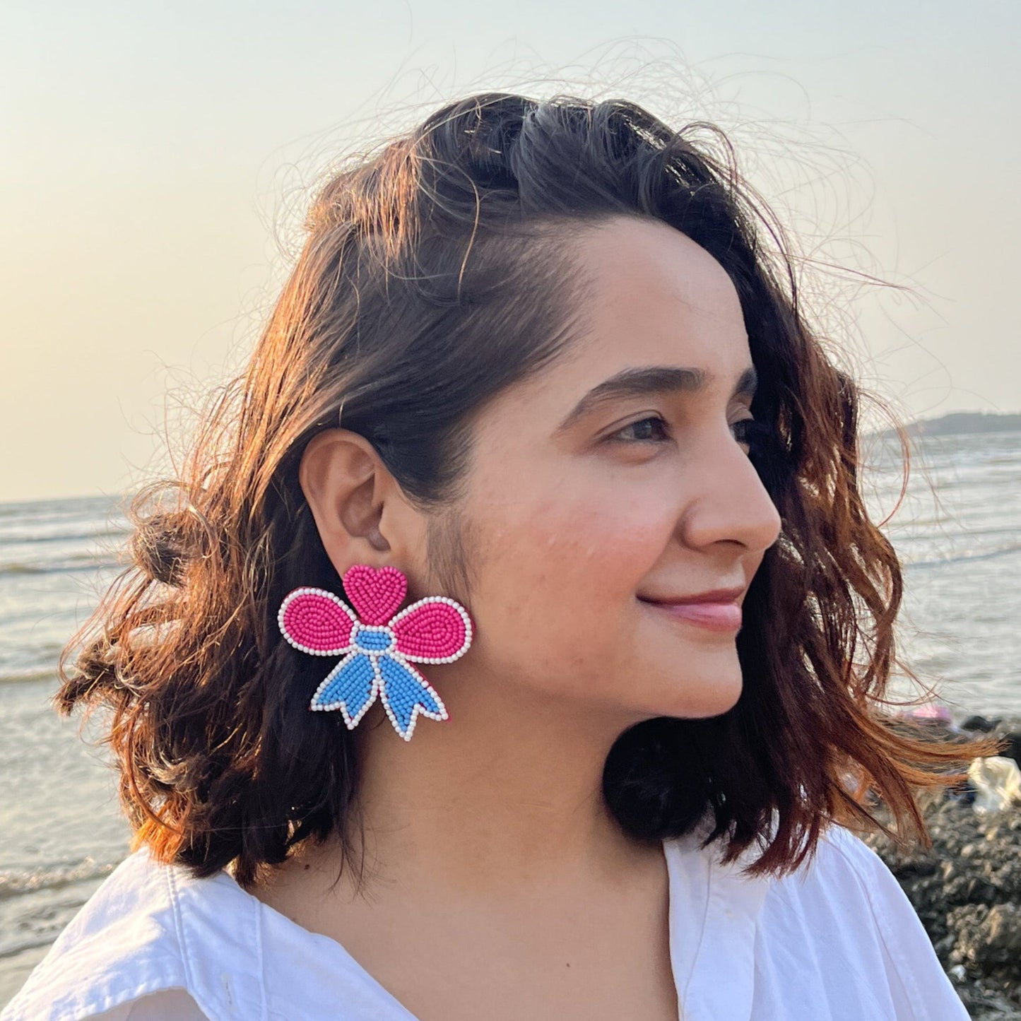 Pink and Blue Bow Shape Handmade Beaded Earrings