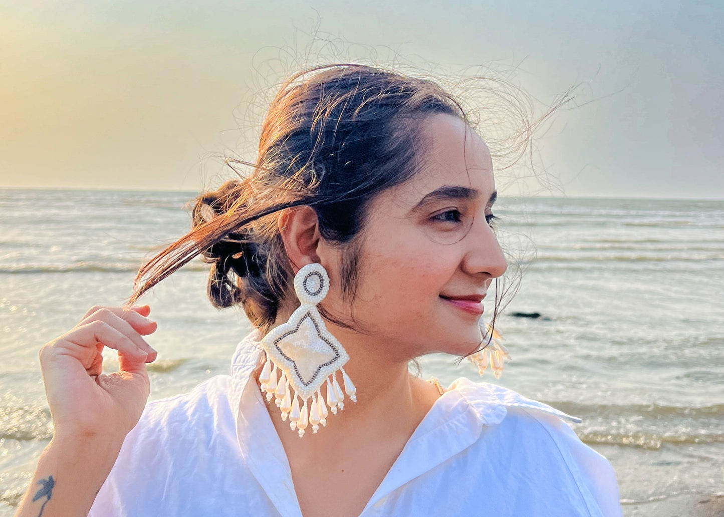 White Star Shape Handmade Beaded Earrings