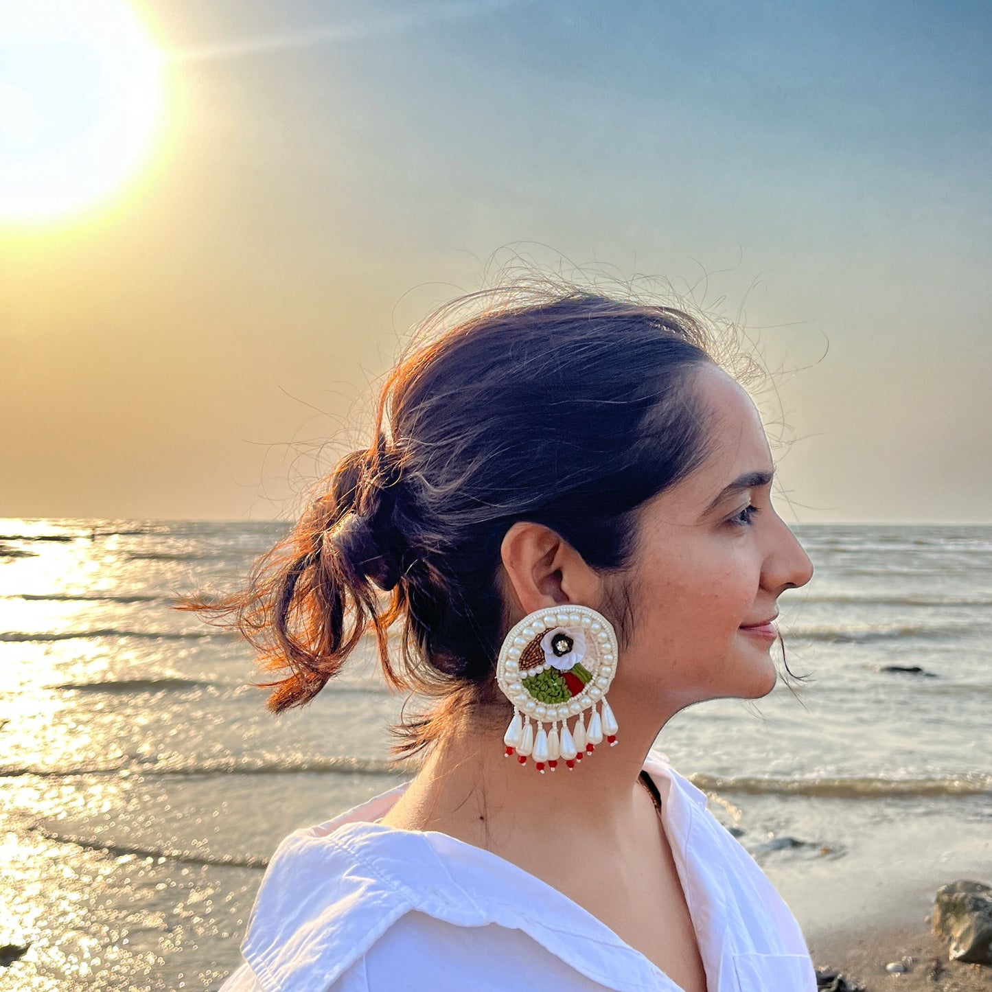 Beautiful White And Green Handmade Beaded Earrings