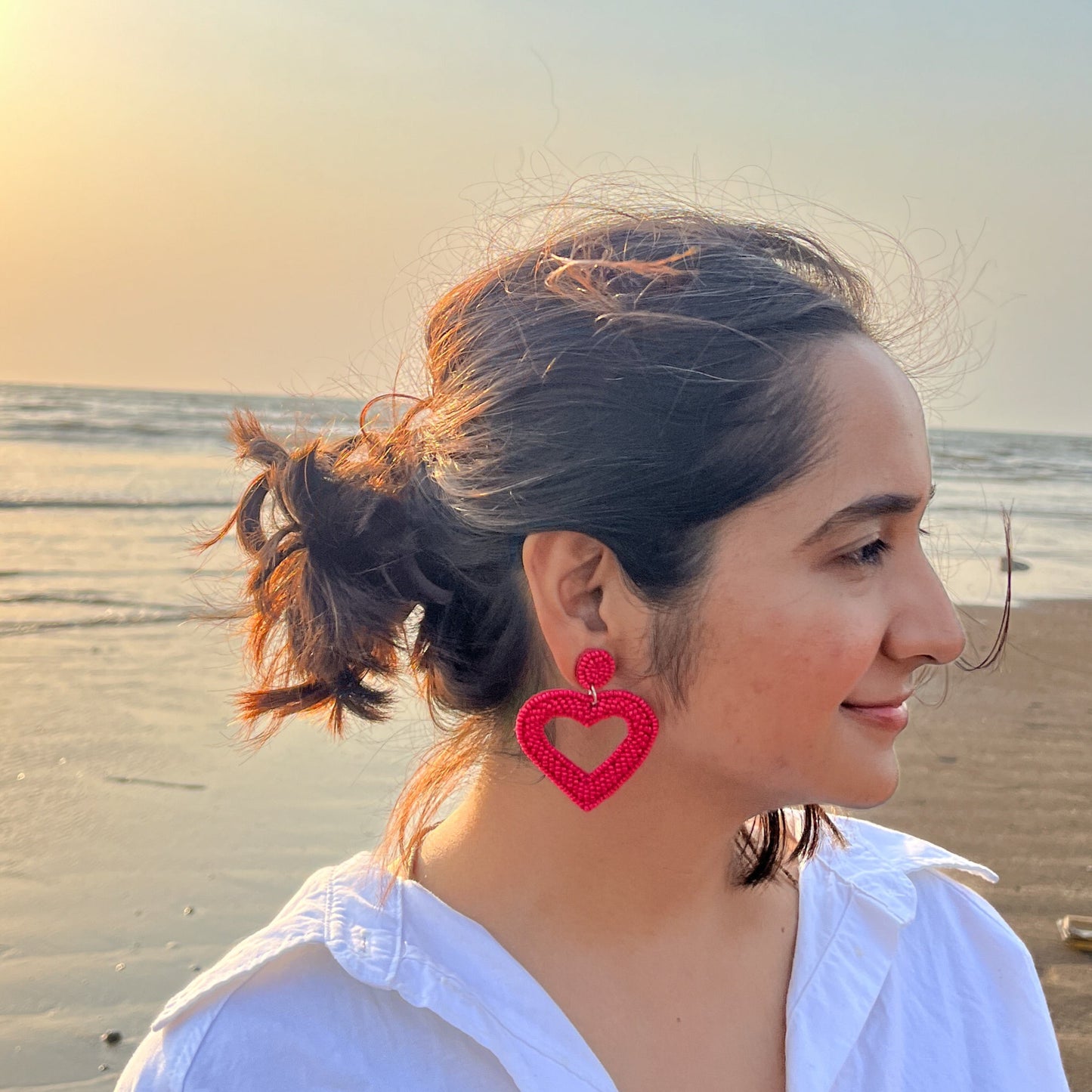 Pink Heart Shape Handmade Beaded Earrings