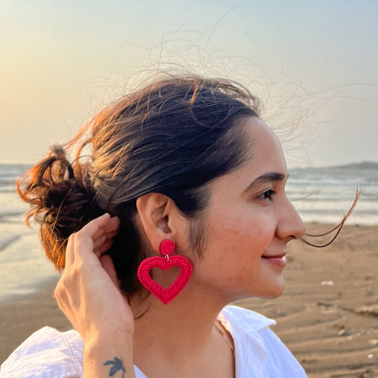 Pink Heart Shape Handmade Beaded Earrings