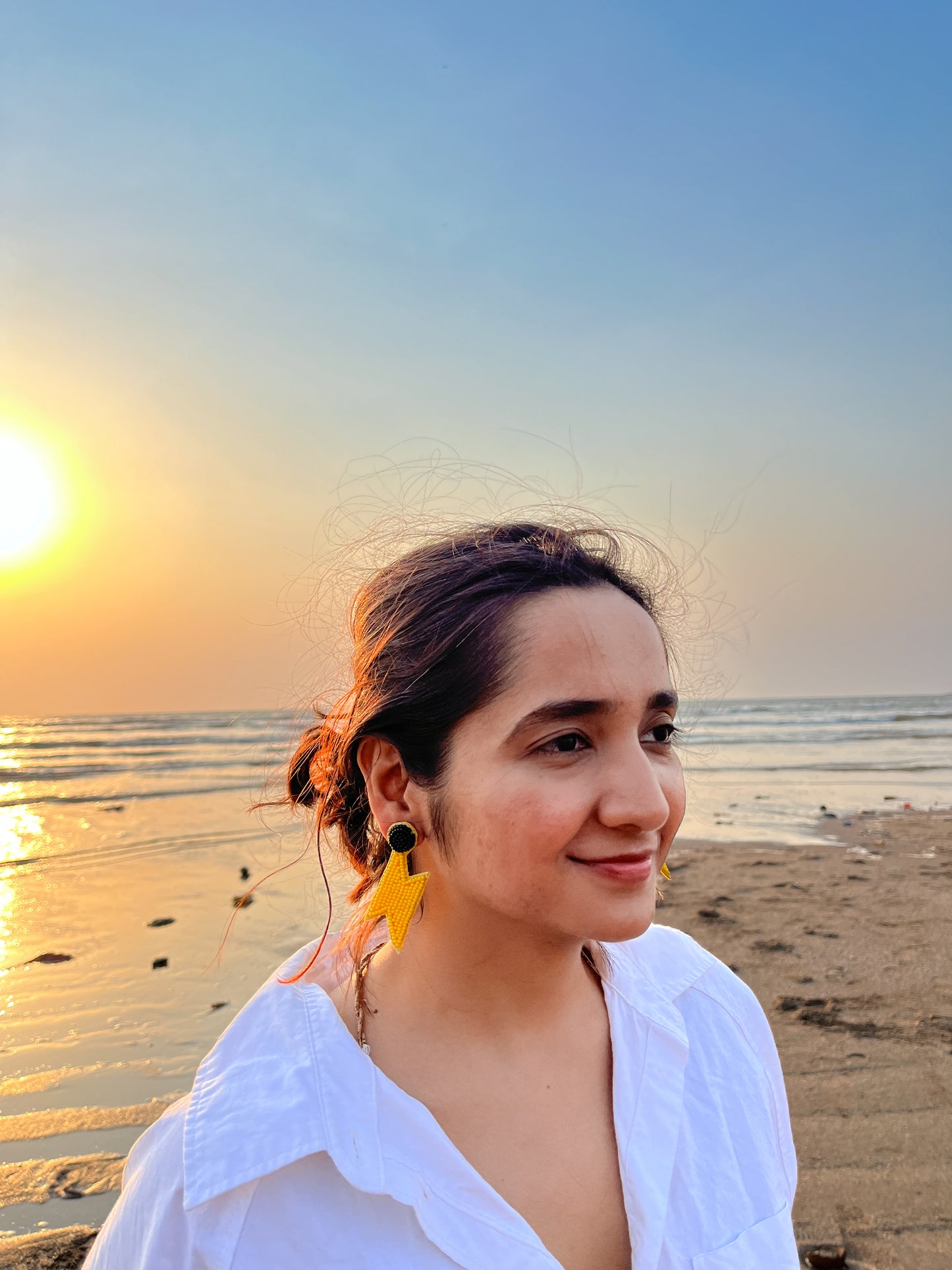 Yellow Thunderbolt Shape Handmade Beaded Earrings