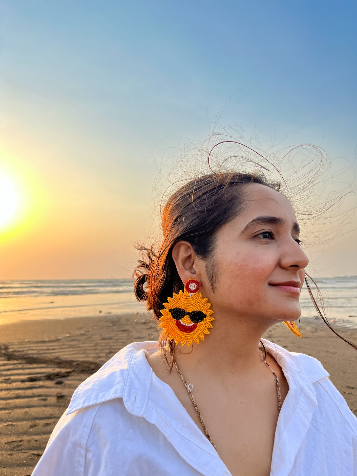 Yellow Sun Shaped Handmade Beaded Earrings