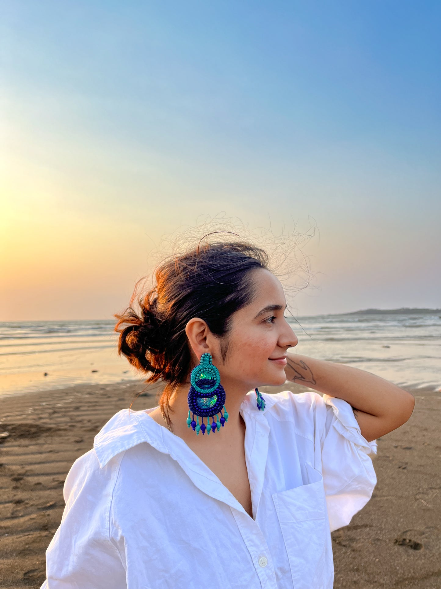 Blue Detailed Handmade Beaded Earring