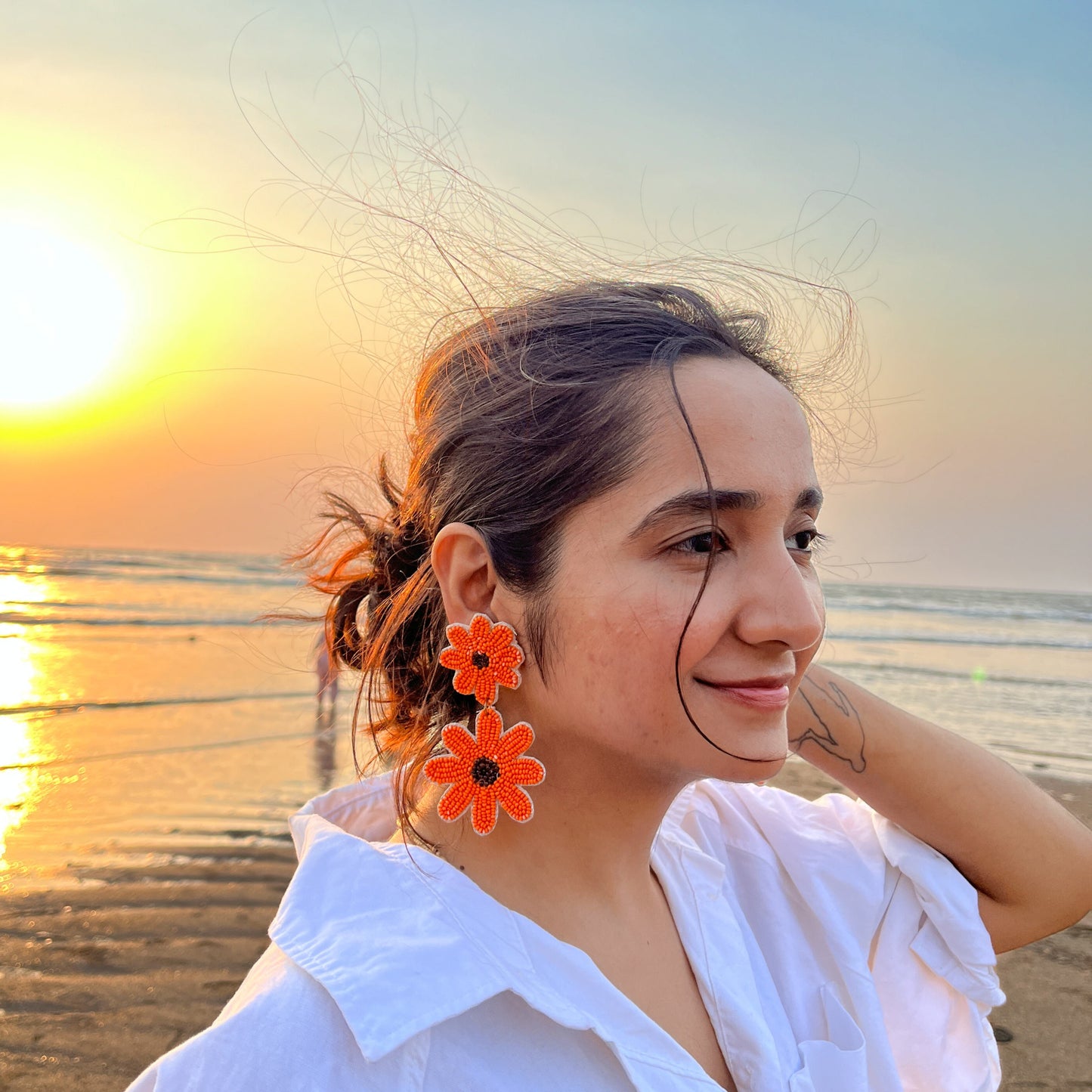 Orange Flower Shape Handmade Beaded Earrings