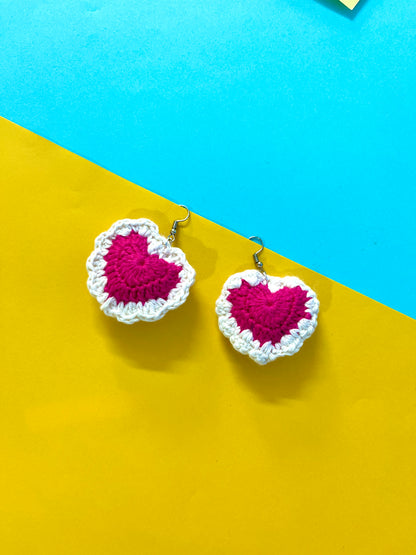 Pink and White Heart Shape Handmade Crochet Earrings