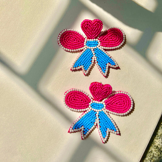 Pink and Blue Bow Shape Handmade Beaded Earrings