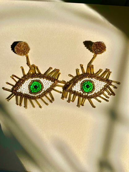 White and Green Fancy Evil Eye Handmade Beaded Earring