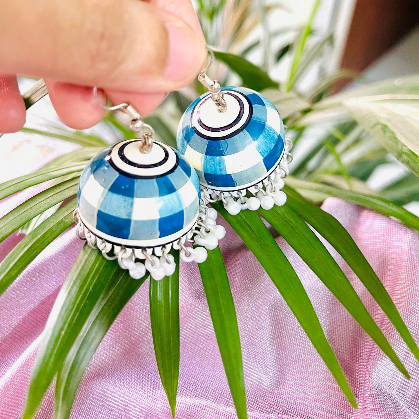 Blue and White Meenakari Handmade Jhumka