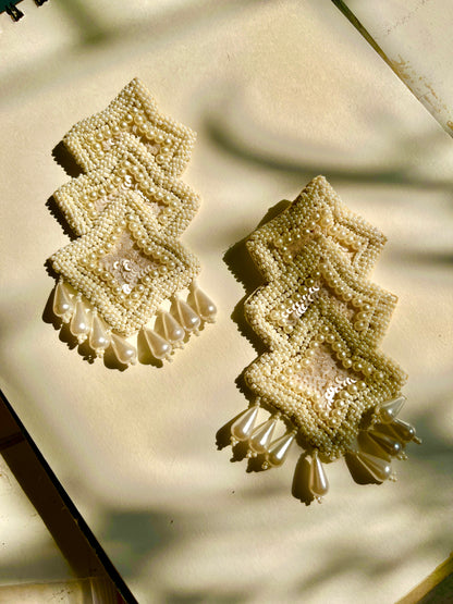 All White Embroidery Handmade Beaded Earrings