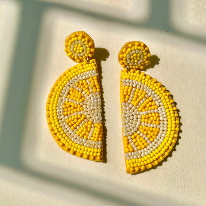 Lemon Shape Yellow Handmade Beaded Earrings