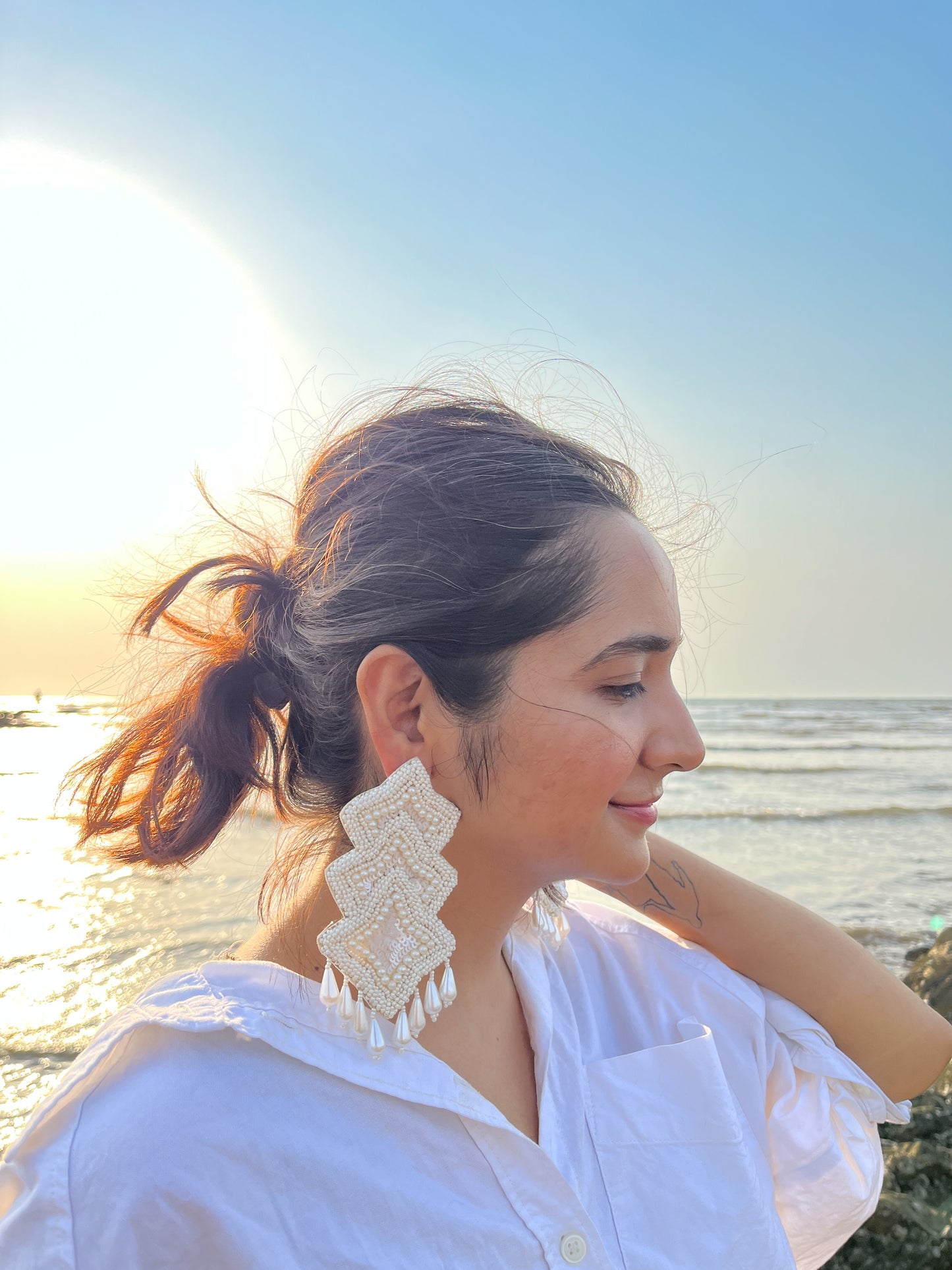 All White Embroidery Handmade Beaded Earrings