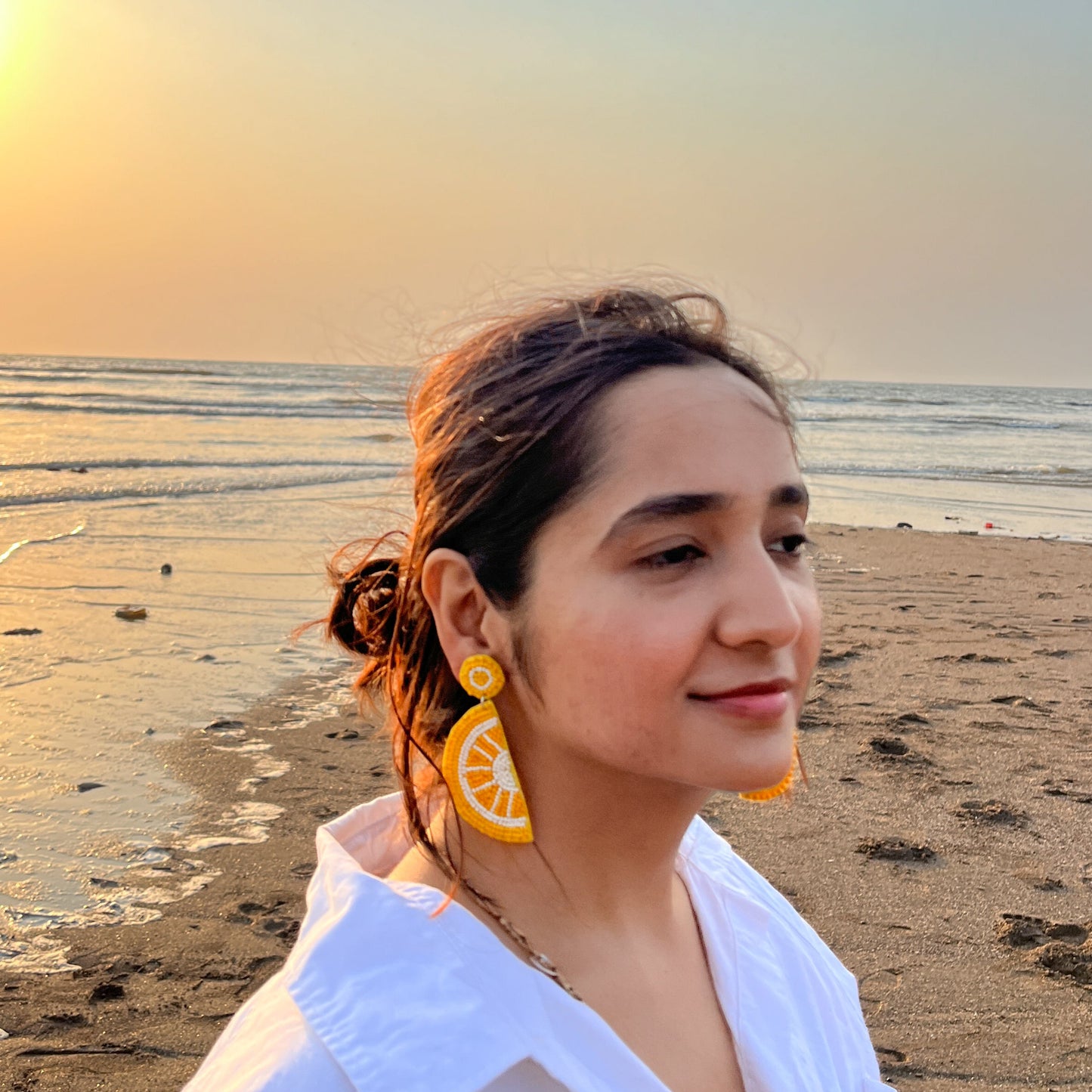 Lemon Shape Yellow Handmade Beaded Earrings