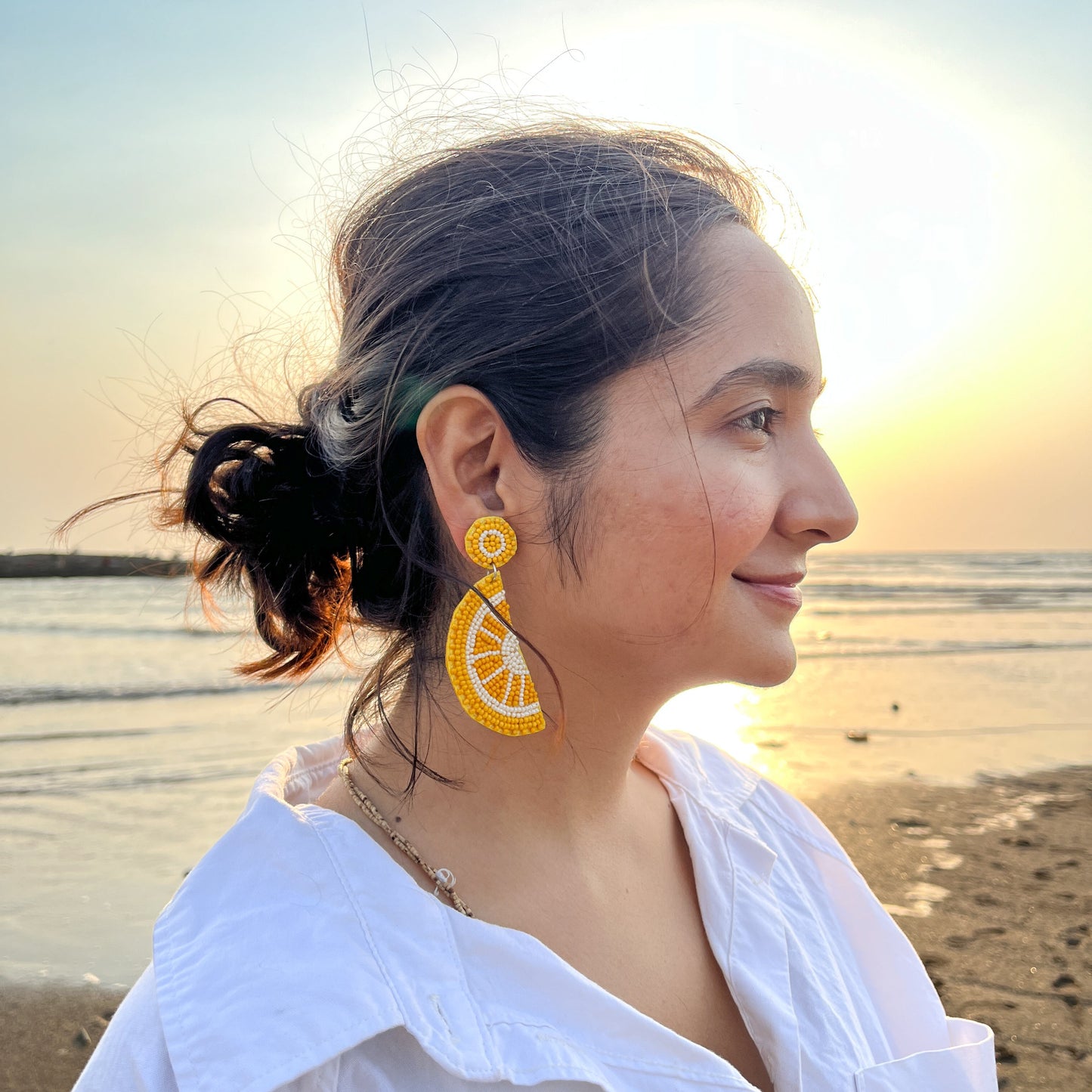 Lemon Shape Yellow Handmade Beaded Earrings