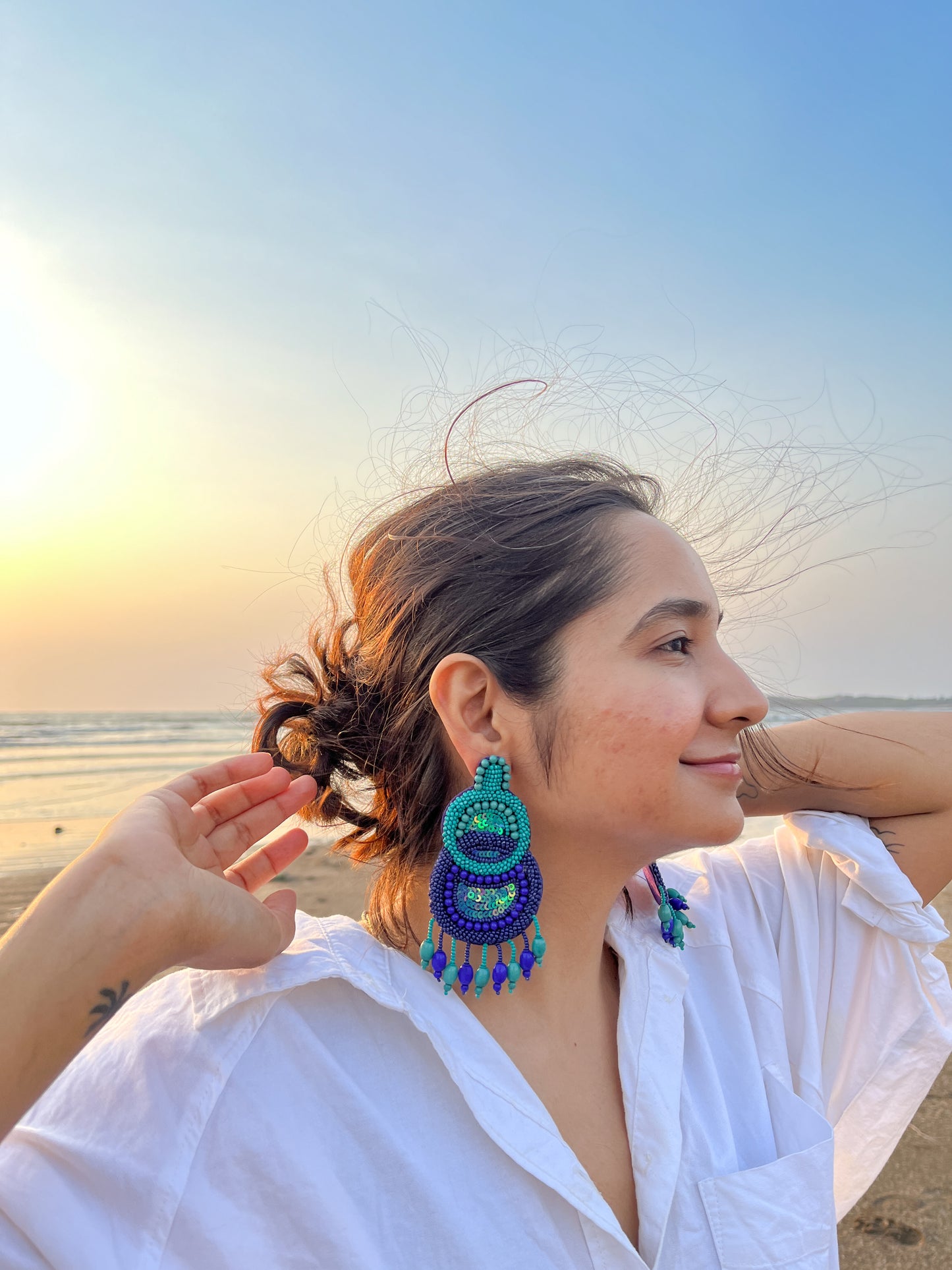 Blue Detailed Handmade Beaded Earring